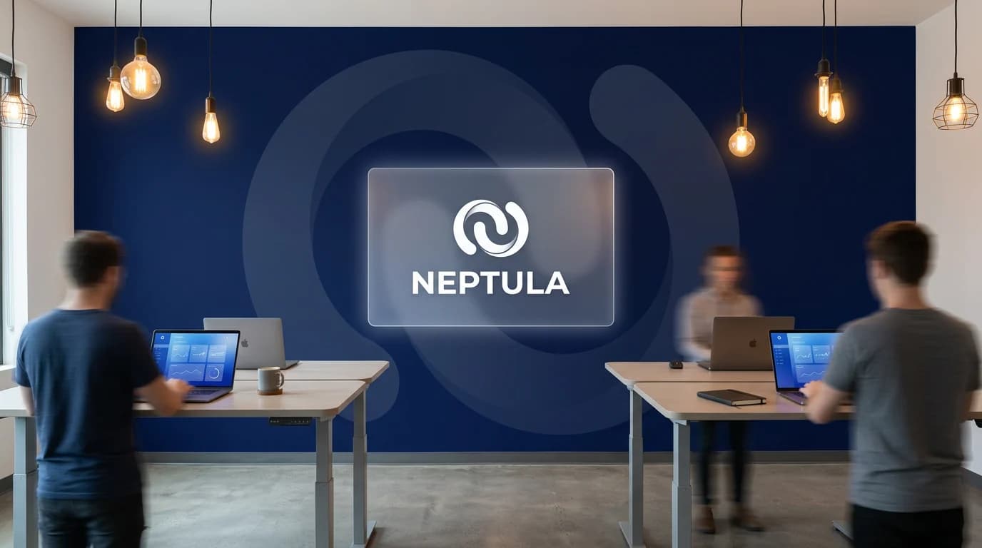 Identité Neptula en bleu sur le mur d’un espace de travail