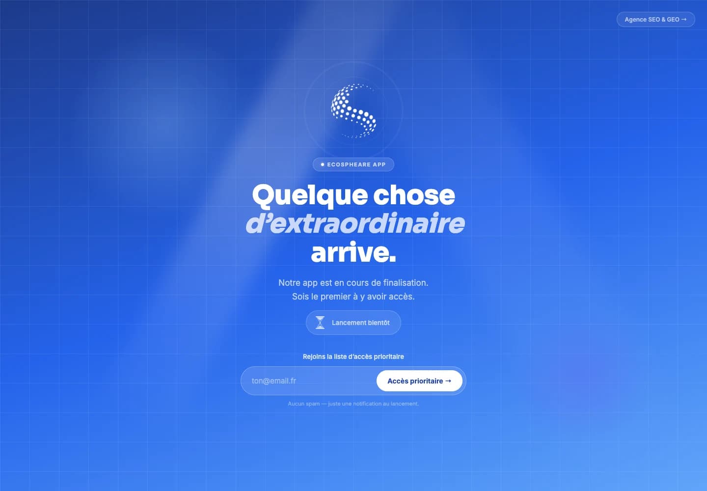 Page de prélancement bleue de l’application Ecospheare