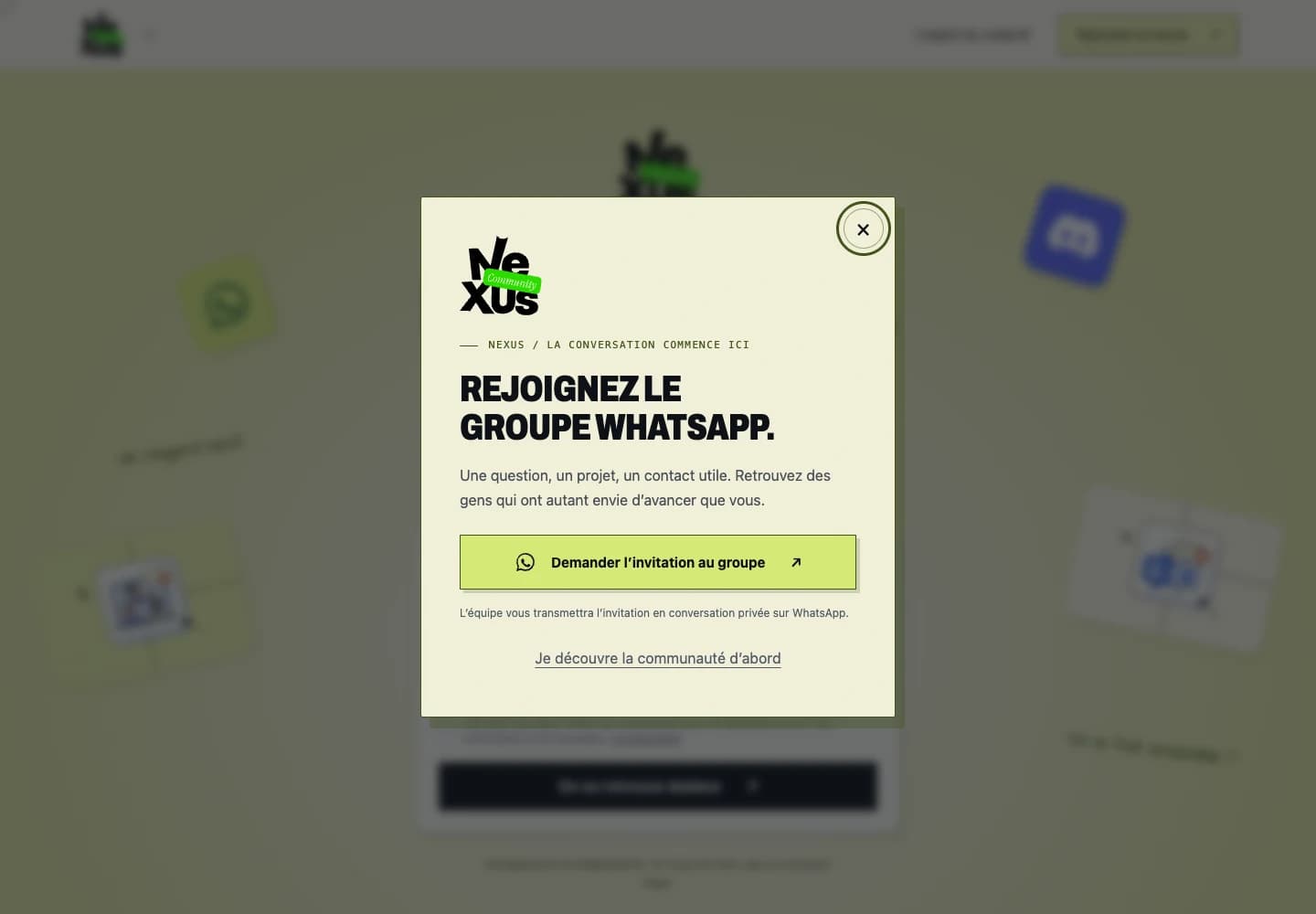 Page Nexus Community avec sa fenêtre d’accès au groupe